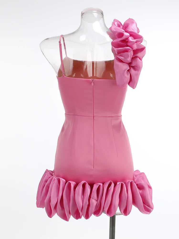 Pink One Shoulder Ruffles Mini Dress