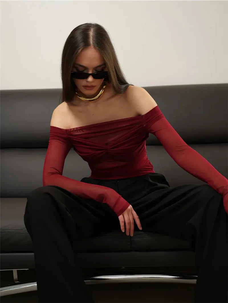 Mesh Off-shoulder Pleated Bust Strapless See Through Top