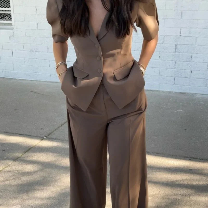 Solid Blazer Pants Set Wide Leg Trousers Outfit