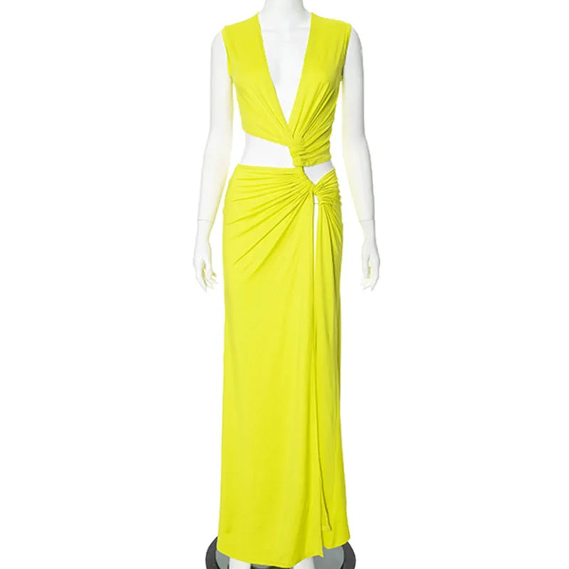 Deep V Cut Out Slit Asymmetrical Long Dress