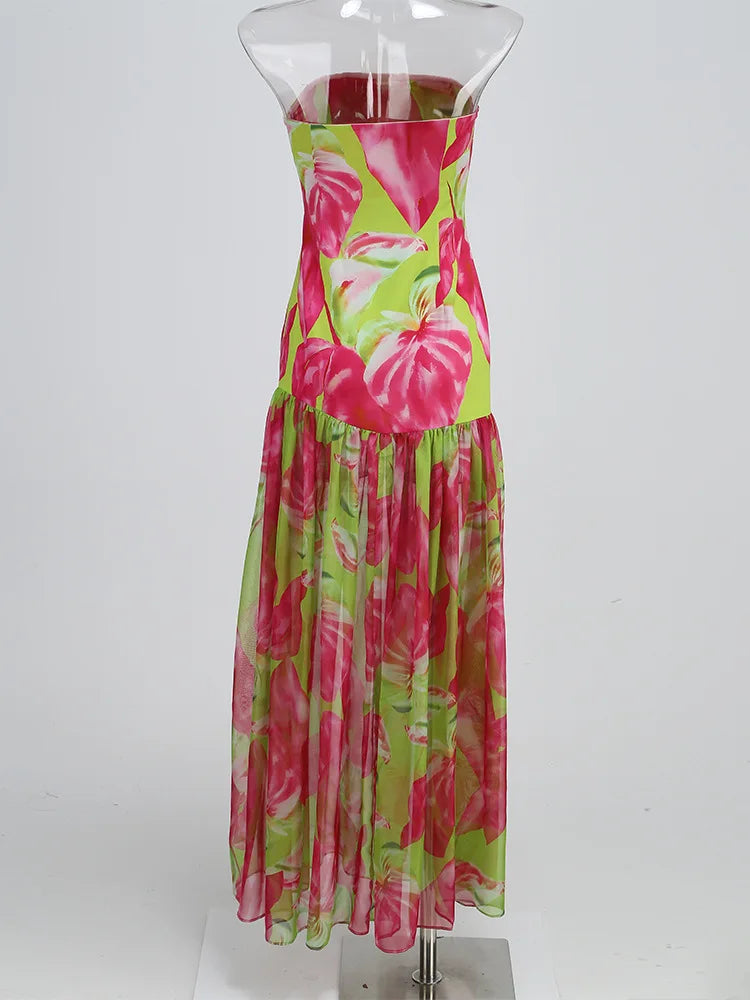 Strapless Retro Print Split Long Dress