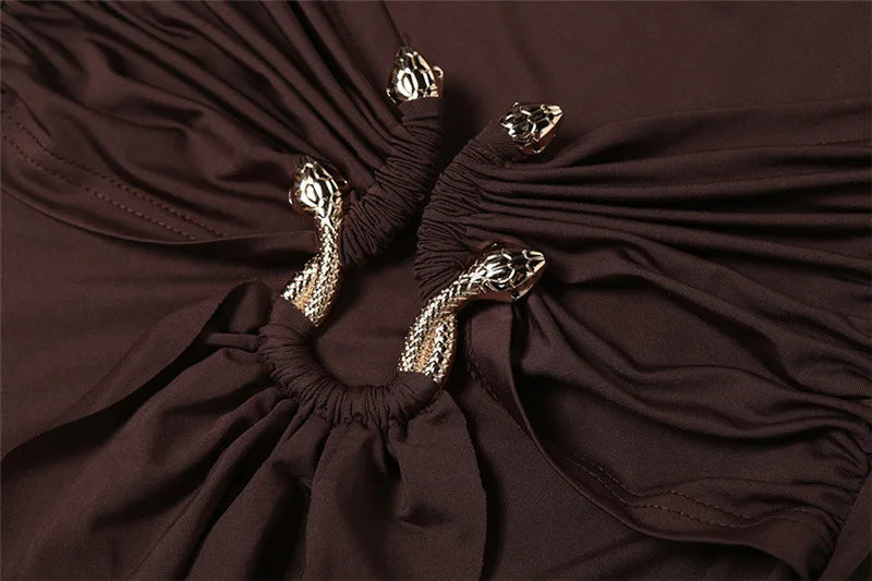 Metal Buckle Ruched Spaghetti Strap Long Dress
