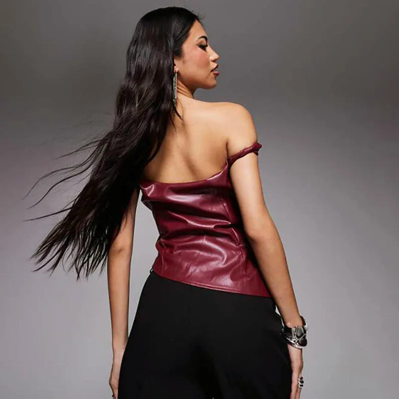 Skew Collar Leather Pleated Top