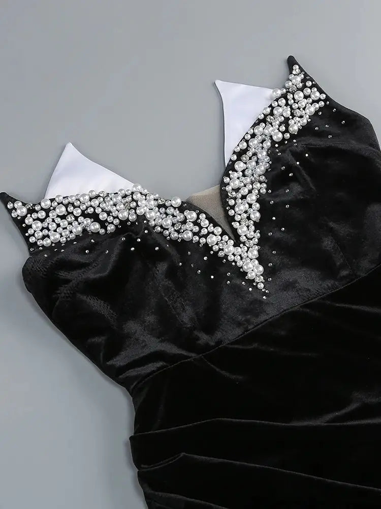 Strapless Pearl Diamond Black Velvet Beaded Maxi Dress