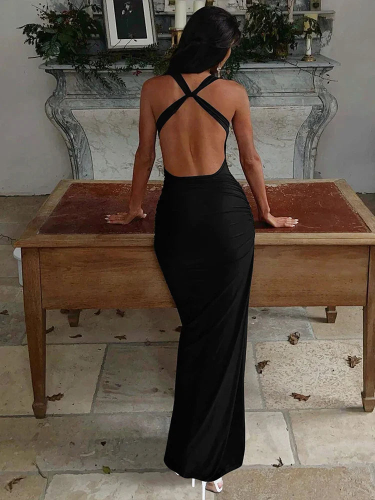 Metal Buckle Swing collar Backless Long Dress