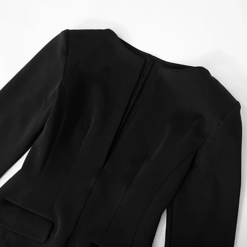 Black Solid Long Sleeve Blazer Dress