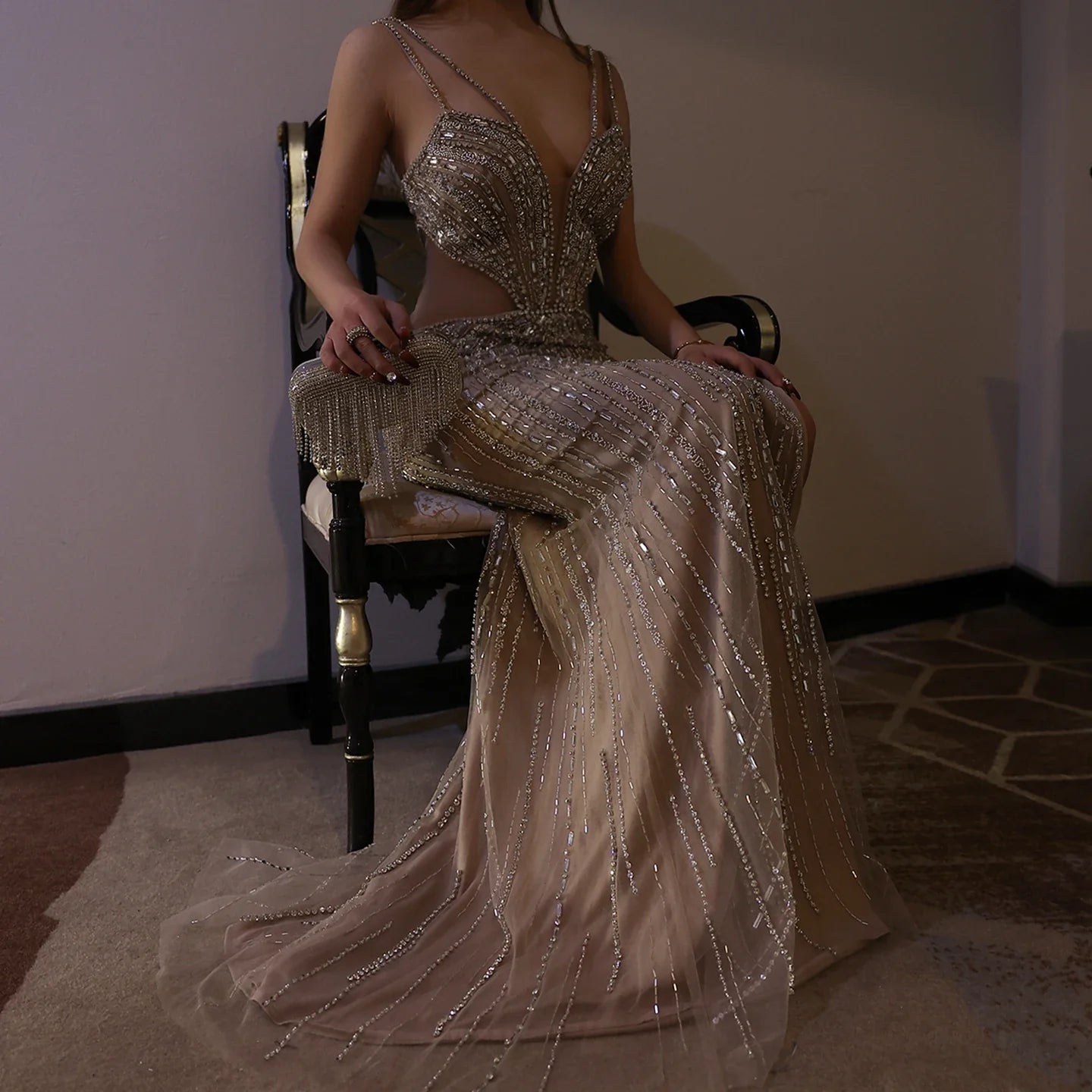 Blue Mermaid Evening Gown with High Slit