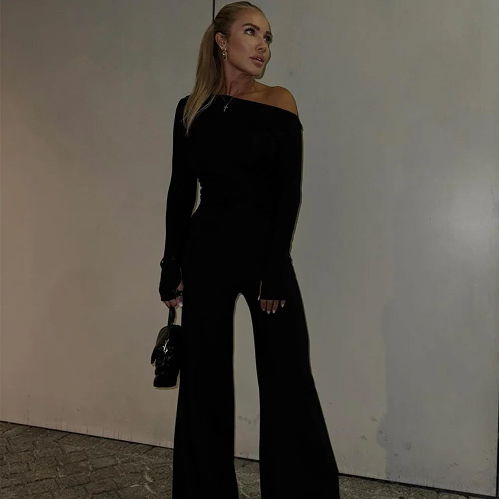 One Shoulder Flare Sleeve Top Long Pant Suit