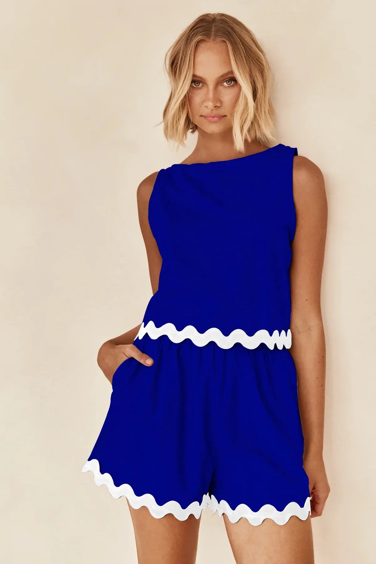 Wave Stripe Patchwork Tops High Waist Shorts Set