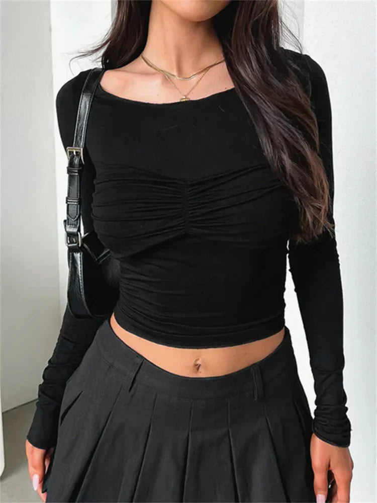 Pleated Long Sleeve Solid Top