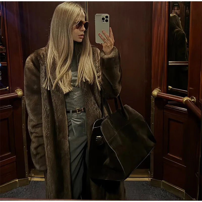 Faux Fur Lapel Fluffy Plush Warm Coat