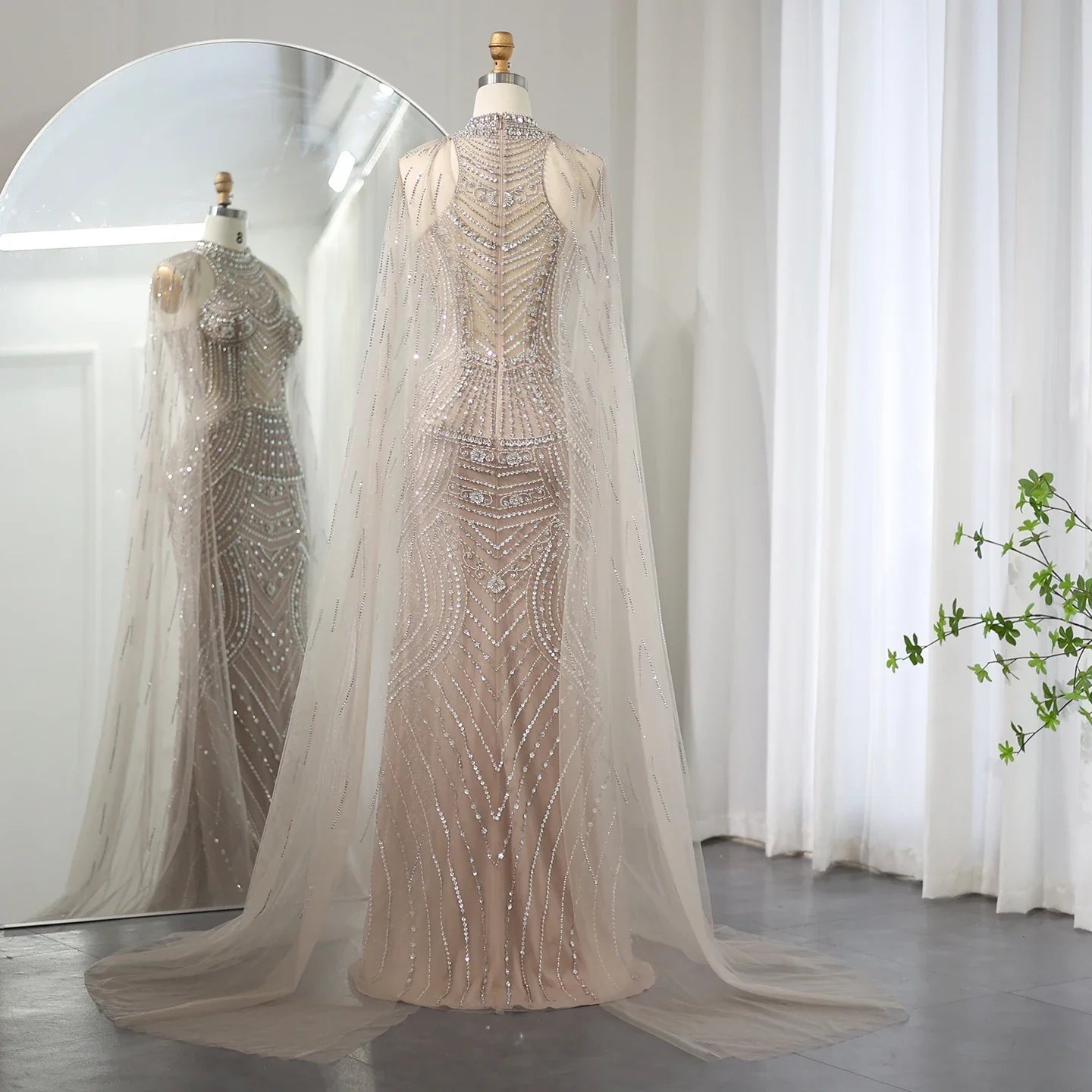 Caramel Mermaid Evening Gown with Cape Sleeves