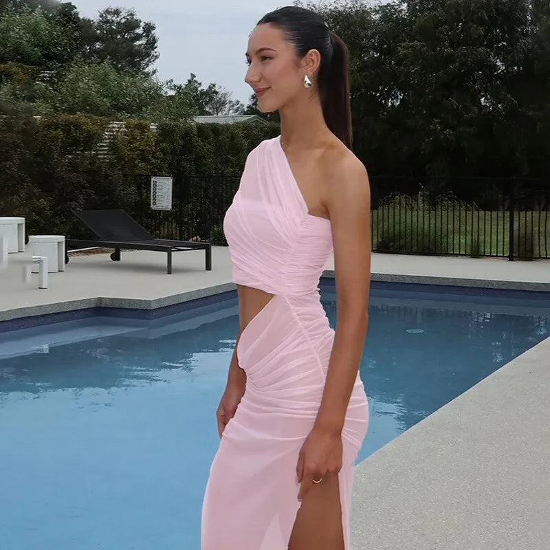 Mesh Backless One-Shoulder Long Dress