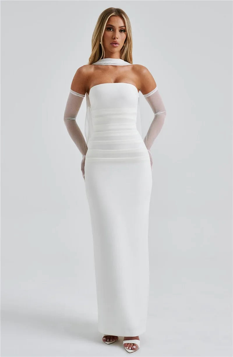 Scarf Collar Strapless Off-shoulder Long Dress