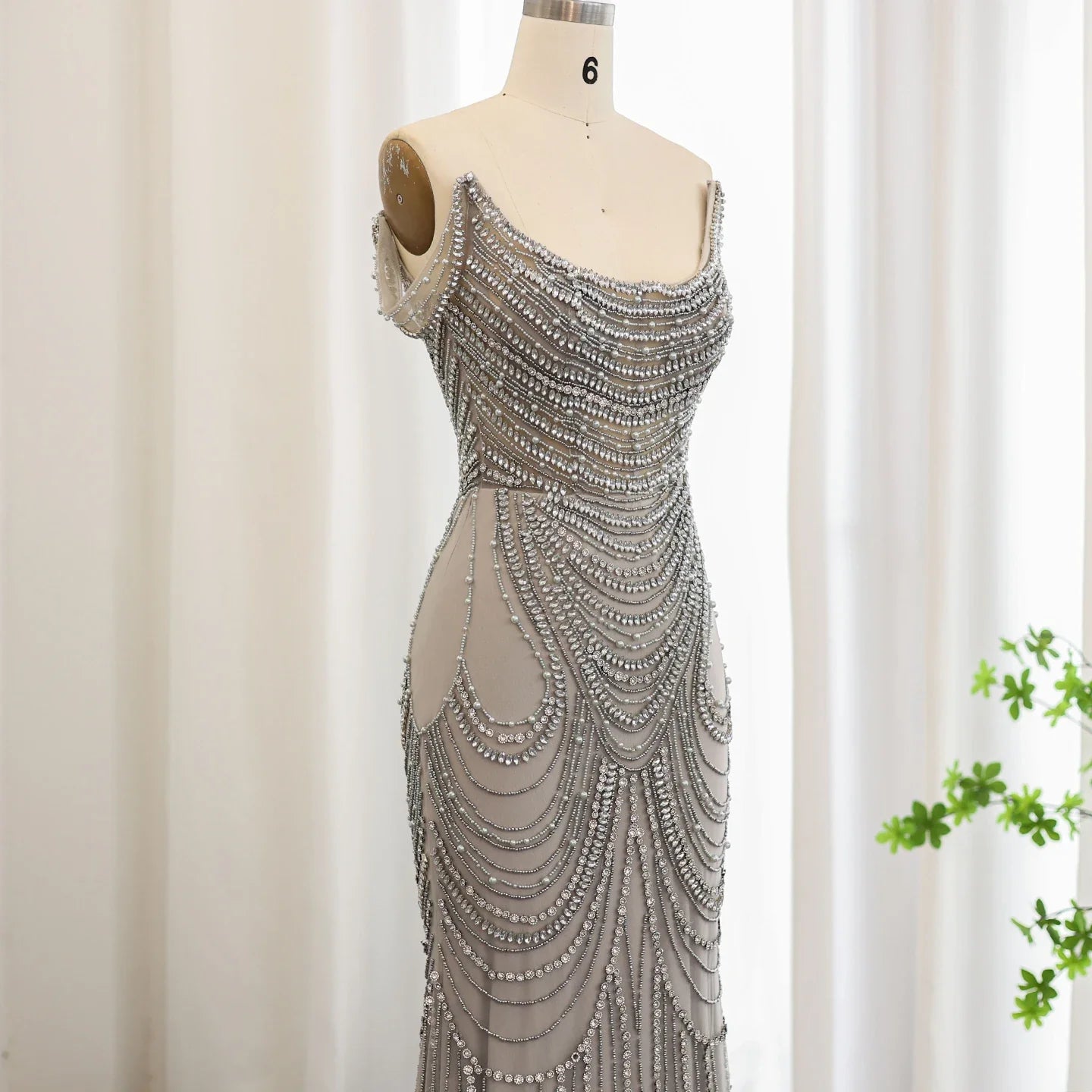 Crystal Silver Gray Mermaid Prom Party Gowns