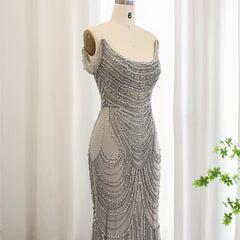 Silver Gray Crystal Mermaid Evening Gown