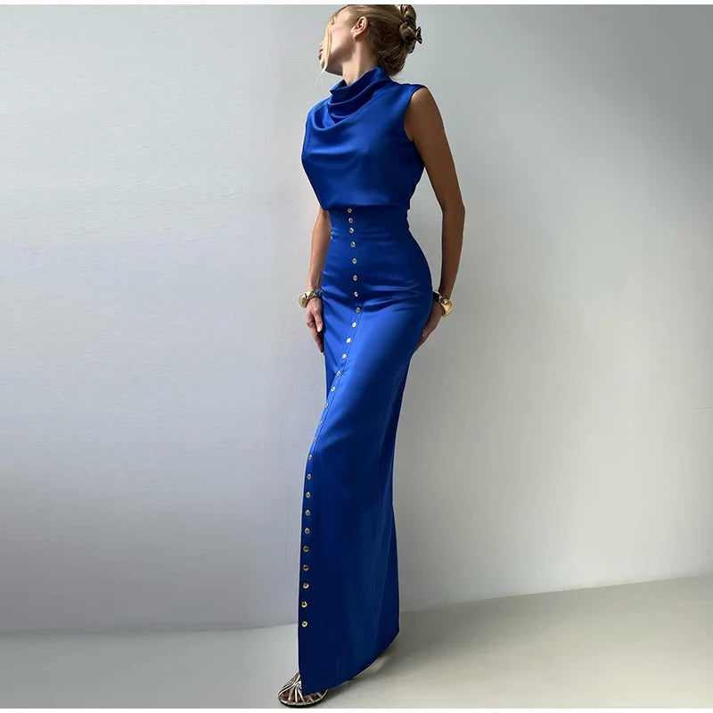 Sleeveless Top Suit With Front Split Skirt