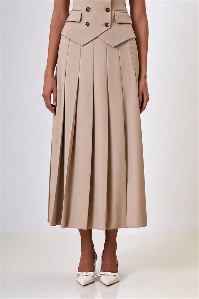 Notched Collar Pleated Skirt Suit Two Piece Sets