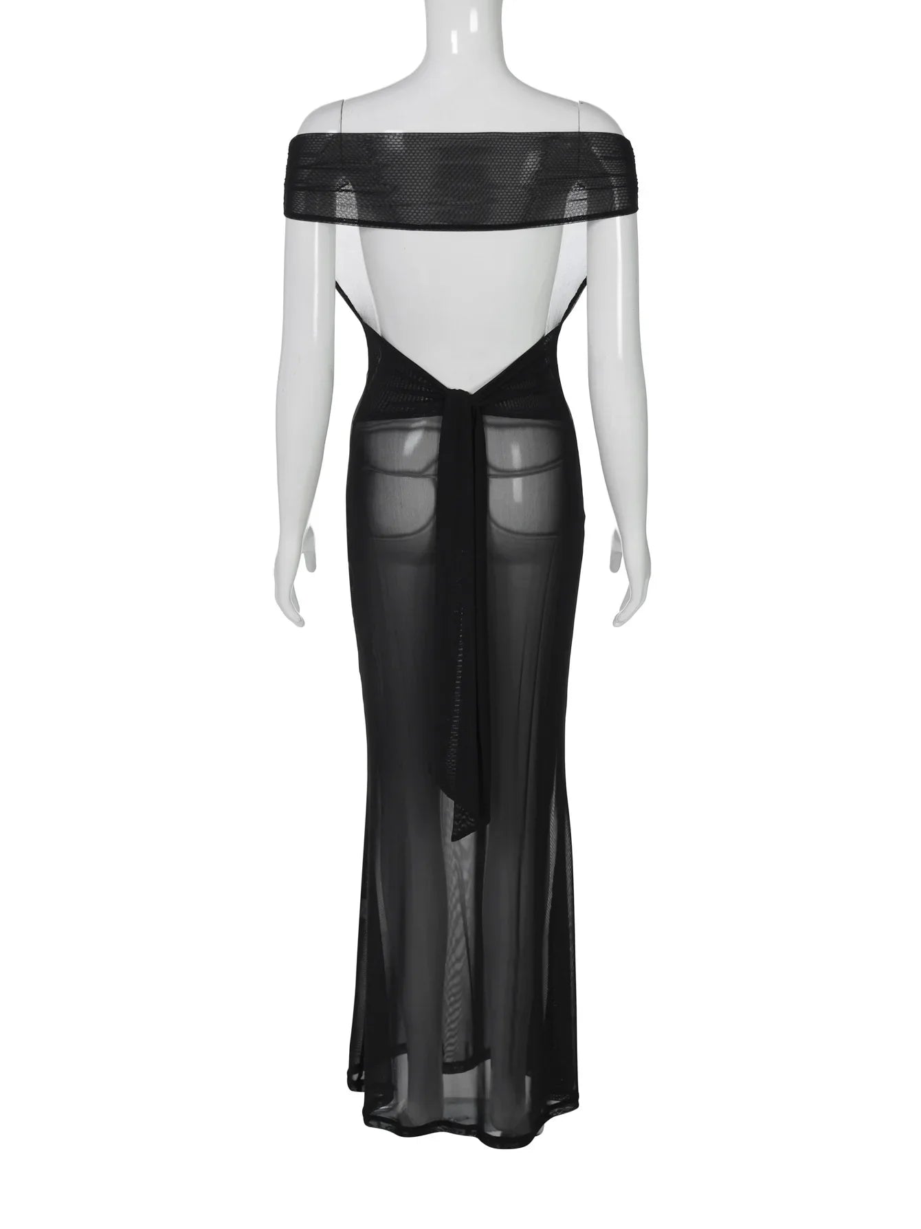 Black Patchwork Off-Shoulder Mesh Long Dress