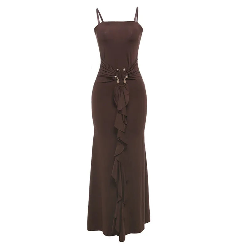 Metal Buckle Ruched Spaghetti Strap Long Dress