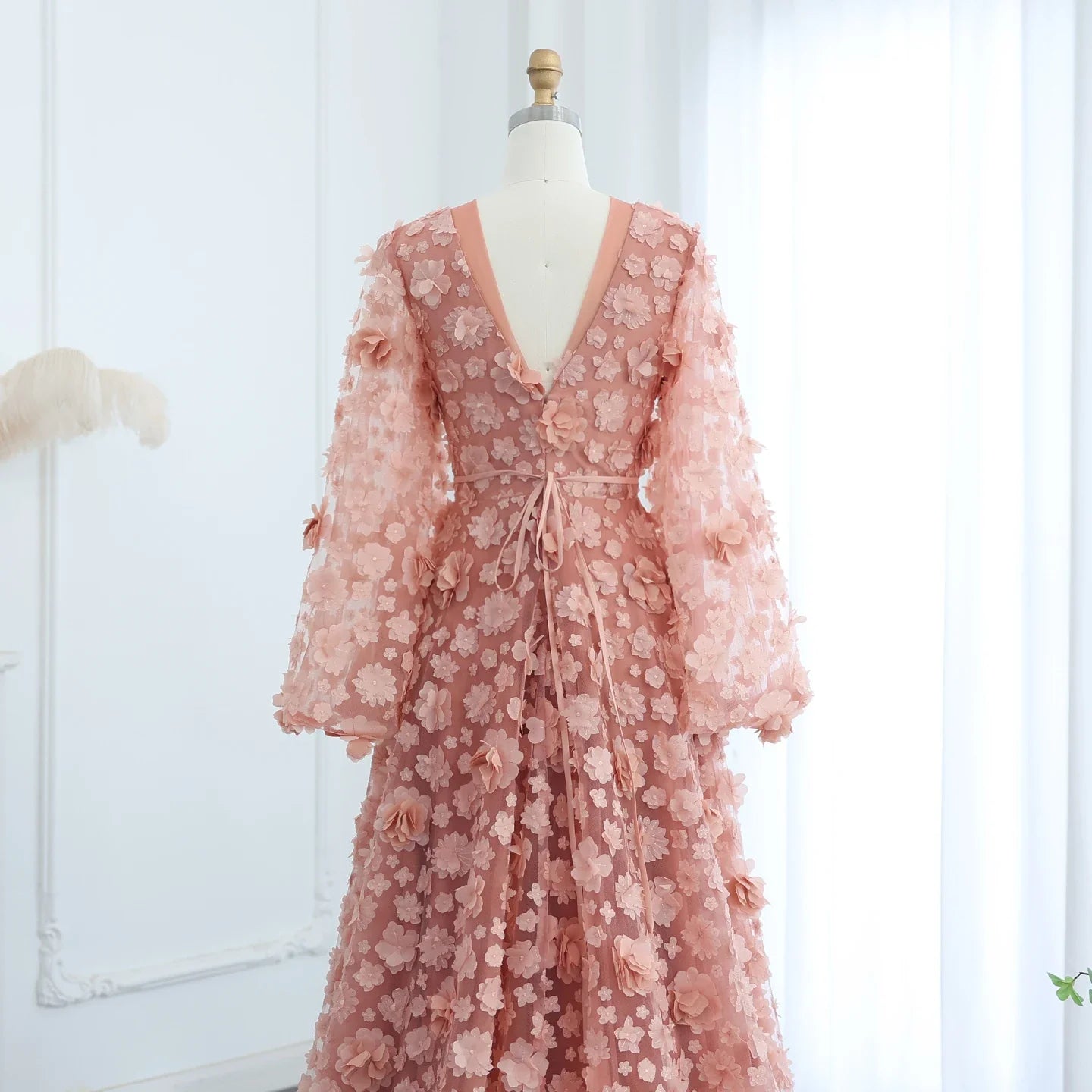 Blush Pink 3D Floral Evening Dress with Bell Sleeves