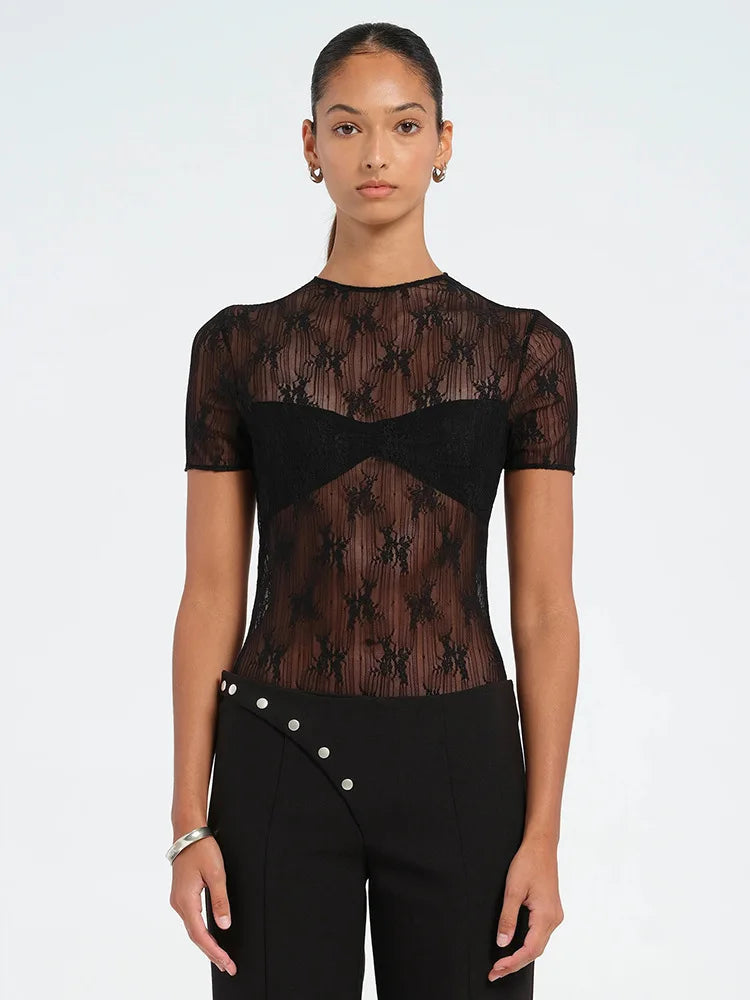Sheer Lace Patchwork Bodysuit Top For Women