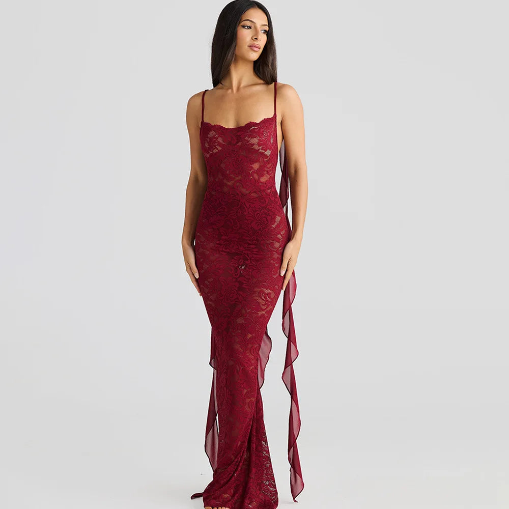 Lace Patchwork Backless Trailing Long Dress