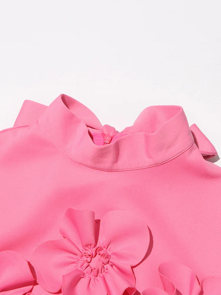 3D Flower Appliqué Mock Neck Midi Dress