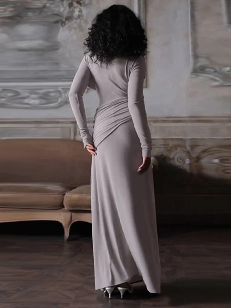 Solid Long Sleeve Irregular Splice Long Dress