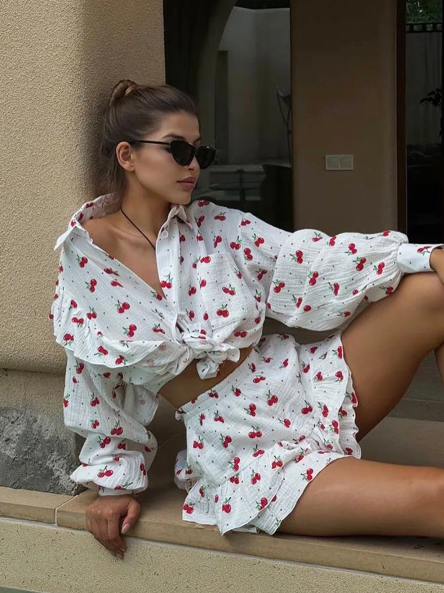 Ruffled Printed Long Sleeve Top and Shorts Sets