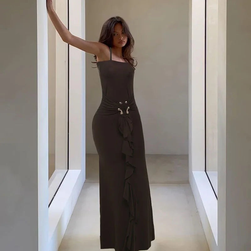 Metal Buckle Ruched Spaghetti Strap Long Dress