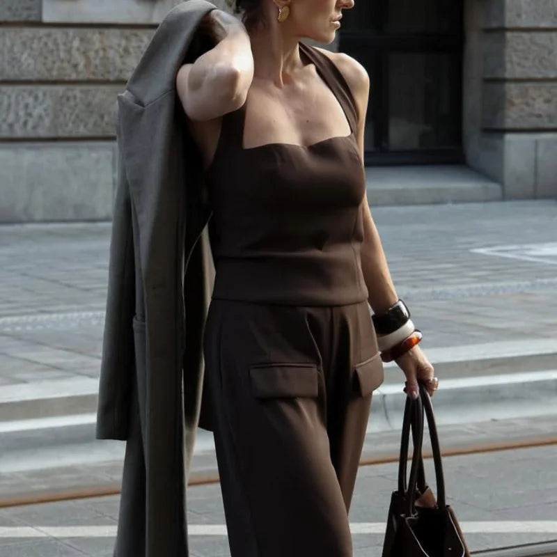 Square Collar Halter Top and Long Pant Suit