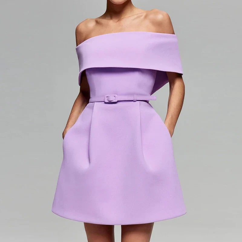 Belt Patchwork Short Sleeve Off The Shoulder Dress