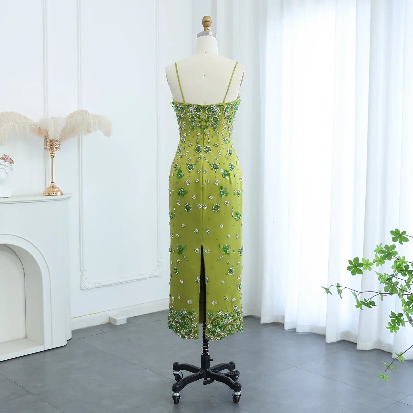 3D Floral Beaded Spaghetti Straps Sheath Wedding Gown