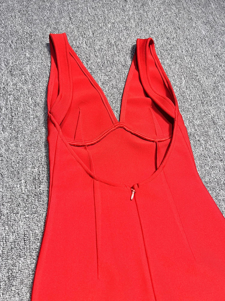 Deep V Neck Red Sleeveless Bodycon Long Dress