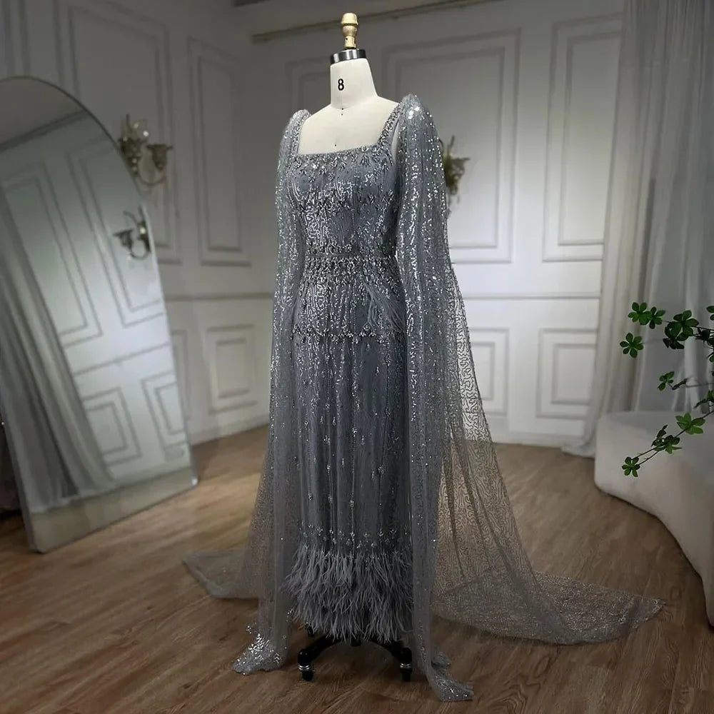 Silver Gray Mermaid Evening Dresses With Cape Feather