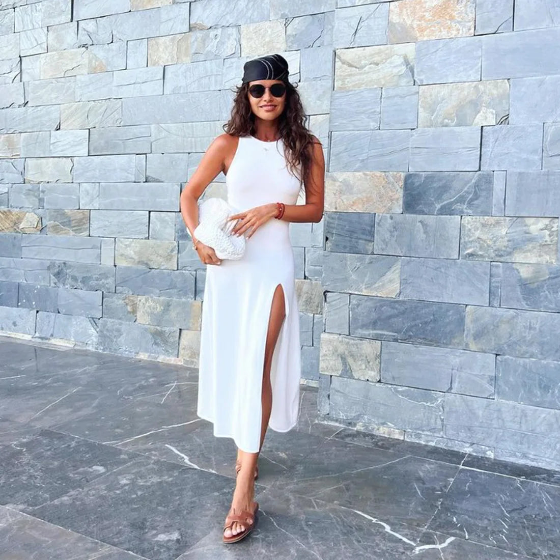 Knit Slit Solid High Waisted Vacation Dresses