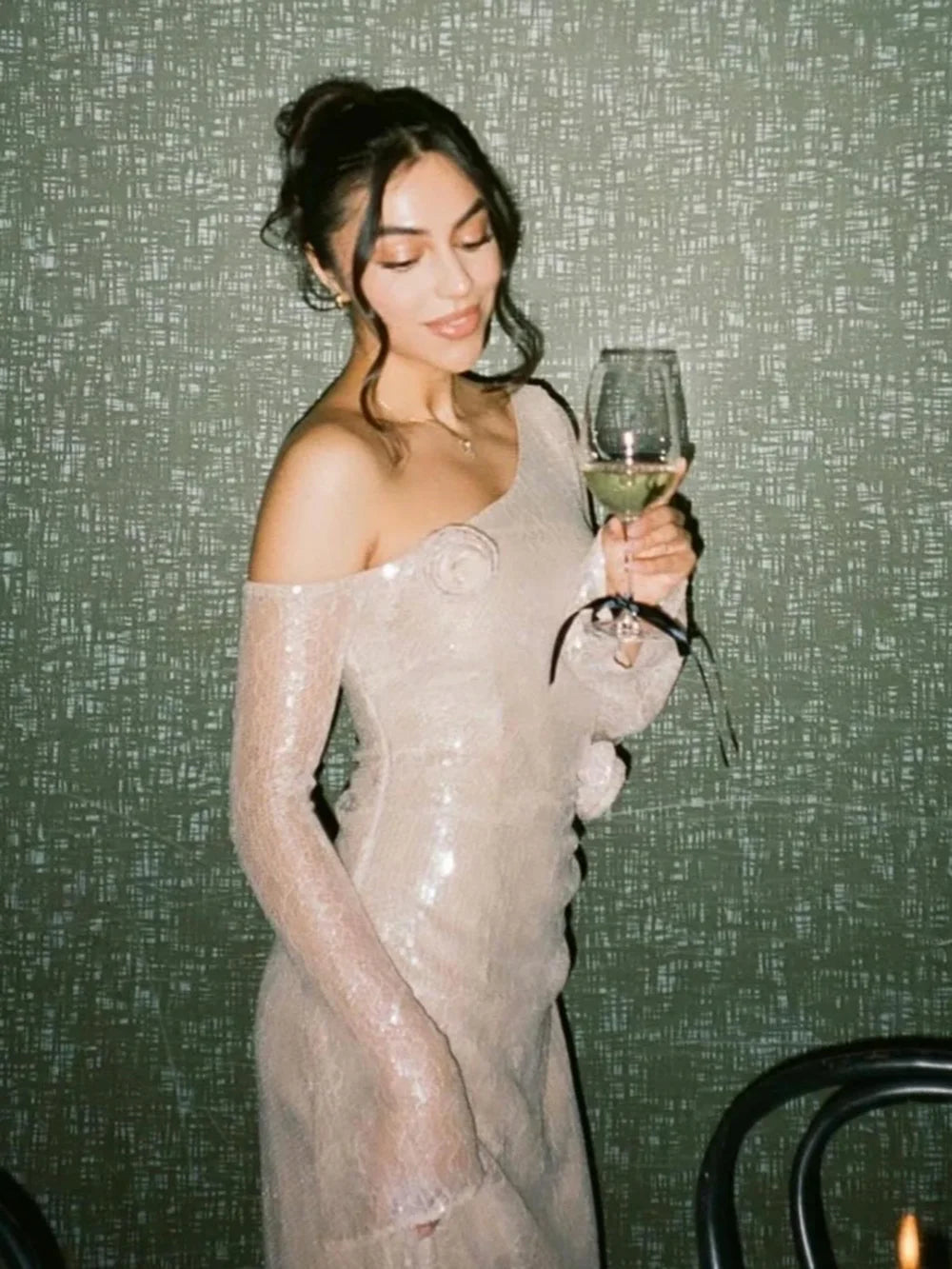 Mesh Sequin 3D Flower Long Sleeve Bodycon Maxi Dress