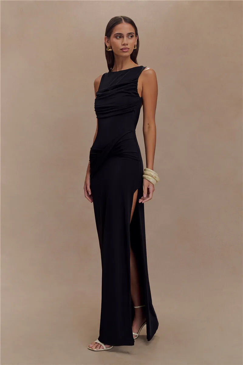 Backless Ruched O Neck Thigh High Split Long Dress
