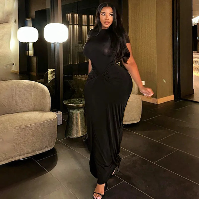 Solid Short Sleeve Ruched Maxi Dress