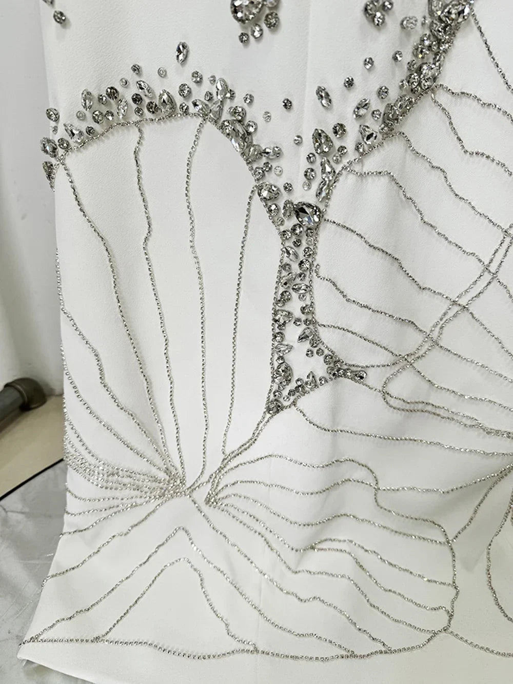 White Beads Diamond Long Sleeve Maxi Dress