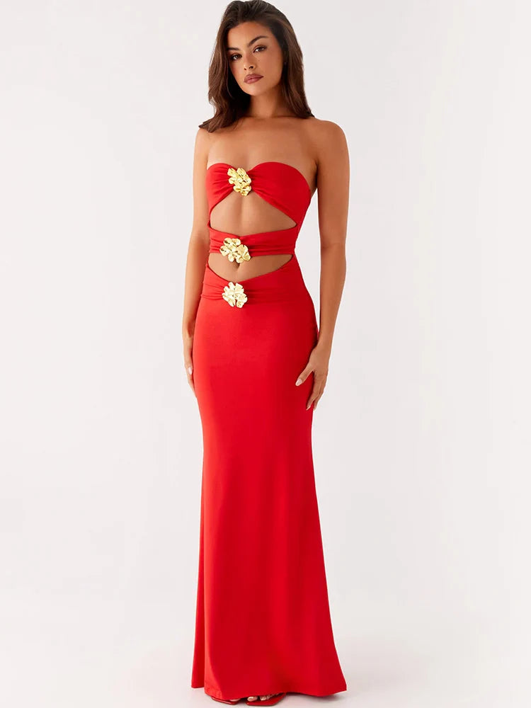 Metal Rose Hollow Out Off-shoulder Backless Long Dress