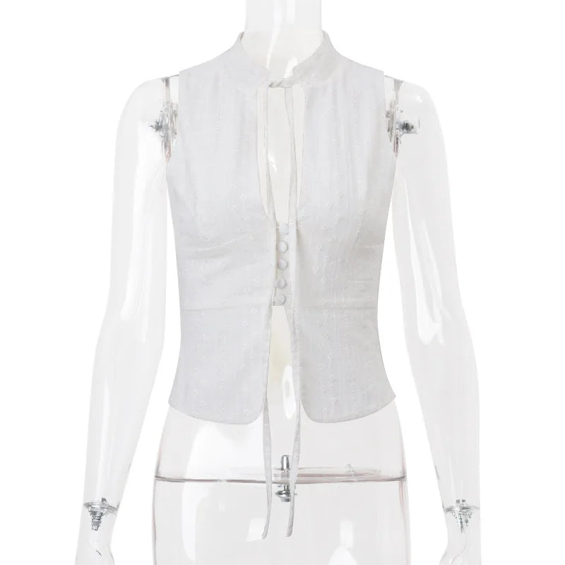 Tie Front Button White Cut Out Sleeveless Top
