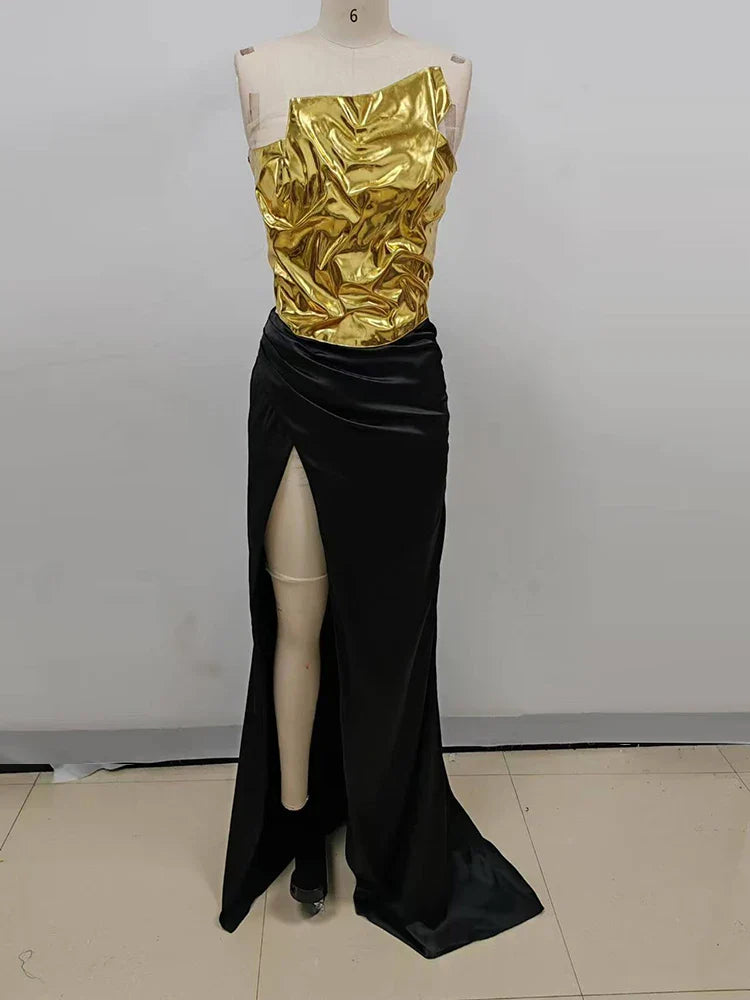 Strapless Gold Top & High-Slit Skirt Set