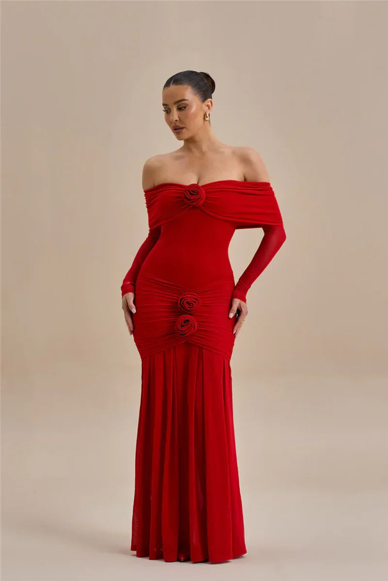Off-shoulder Strapless Rose Long Sleeve Dress