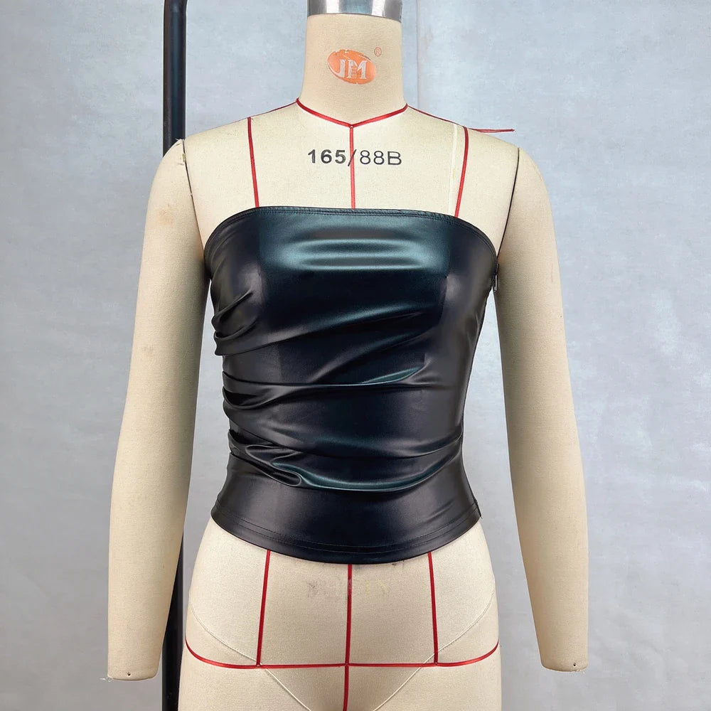 PU Leather Strapless Pleated Tube Top