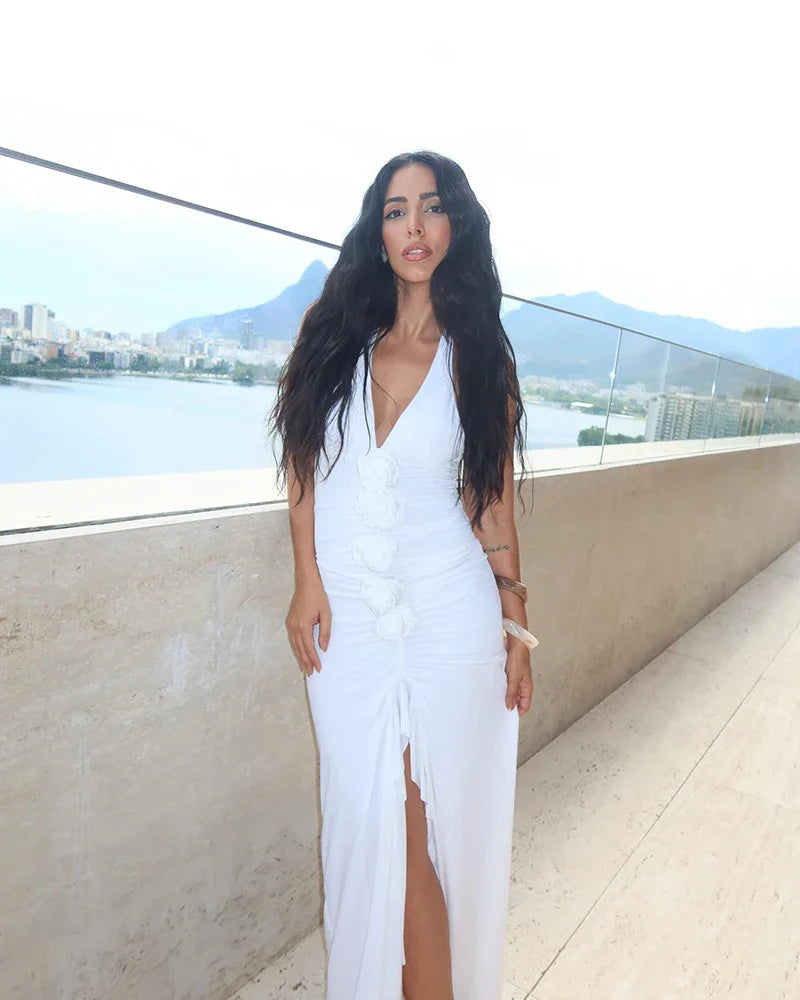 White Floral Halter Sleeveless Ruffled Long Dress