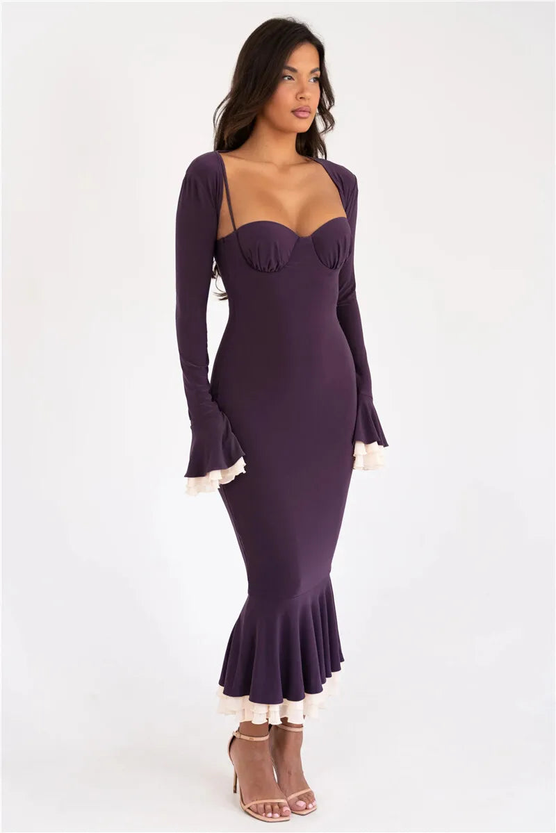 Patchwork Square Collar Evening Fishtail Dress