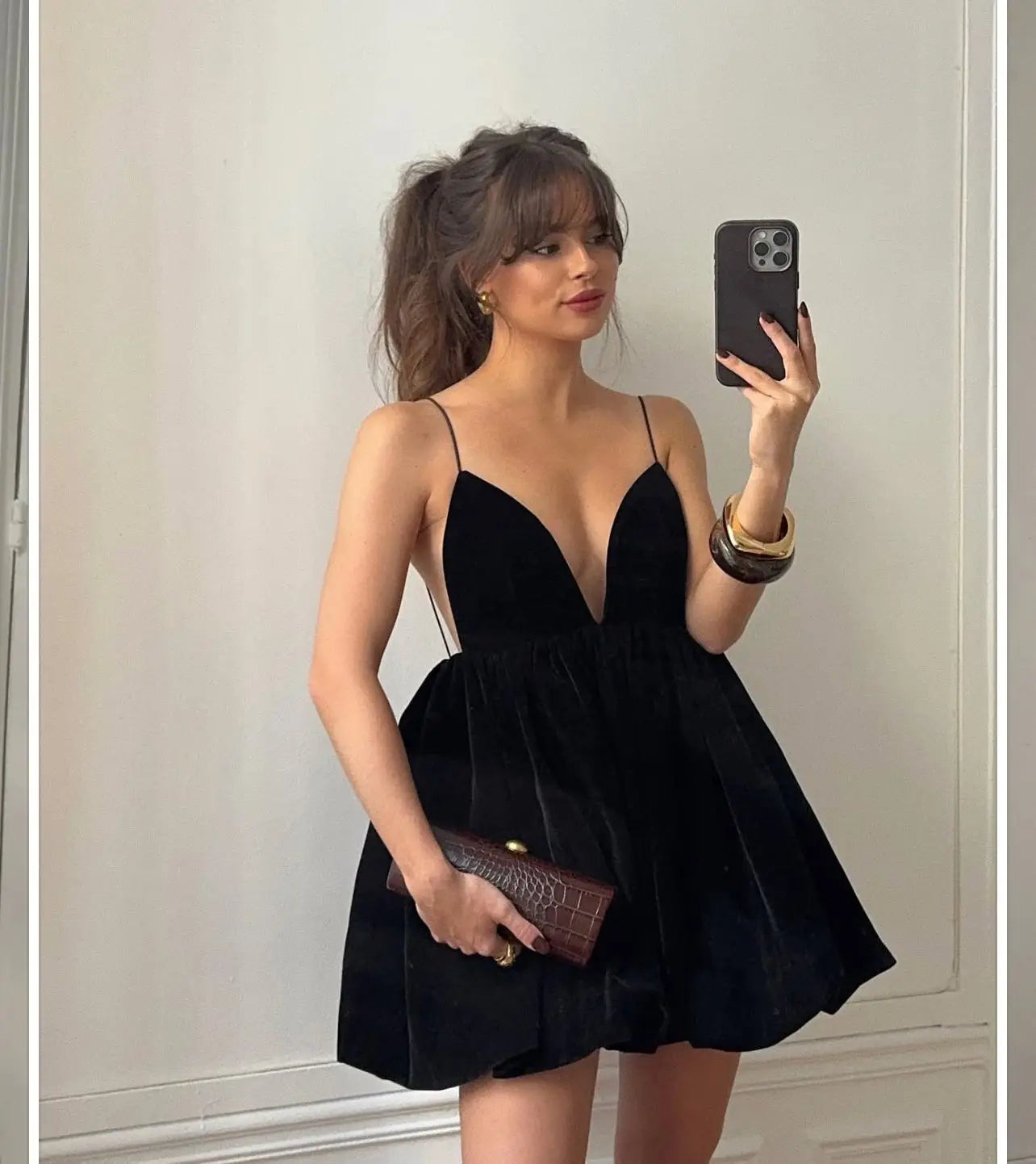 Velvet Deep V Neck Mini Lantern Dress