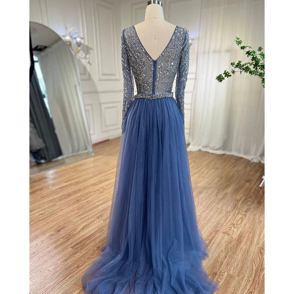 Blue Mermaid Beaded Long Sleeves Evening Gown